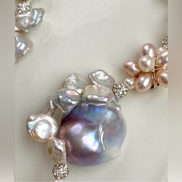 N290-Premium RARE Natural Blue Petal Pearl Blue Flameball Pearl Flower Necklace - Picture 12 of 16